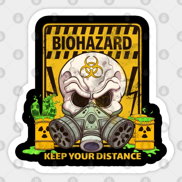 Cartoon Biohazard Skull With Caution Sign Sticker by TheMaskedTooner